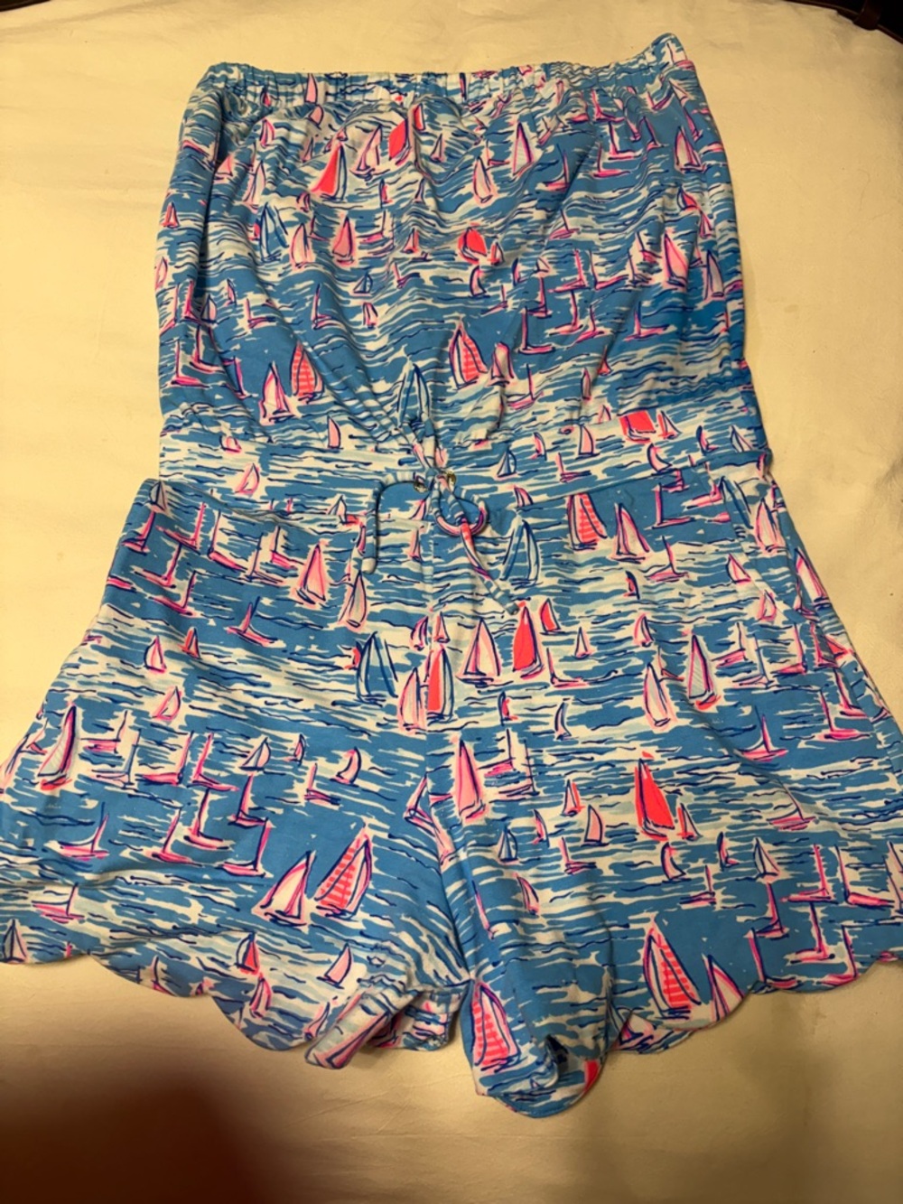 Lilly Pulitzer Blue Romper with Pink and White Sailboat Print